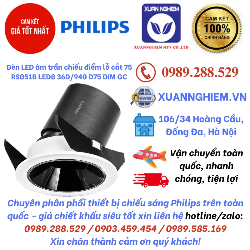 Đèn LED âm trần chiếu điểm lỗ cắt 75 RS051B LED8 36D/940 D75 DIM GC
