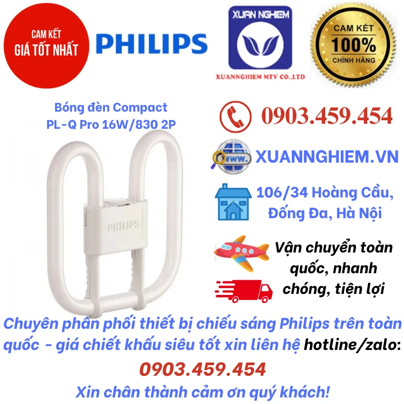 Bóng đèn Compact PL-Q Pro 16W/830 2P Ánh sáng vàng