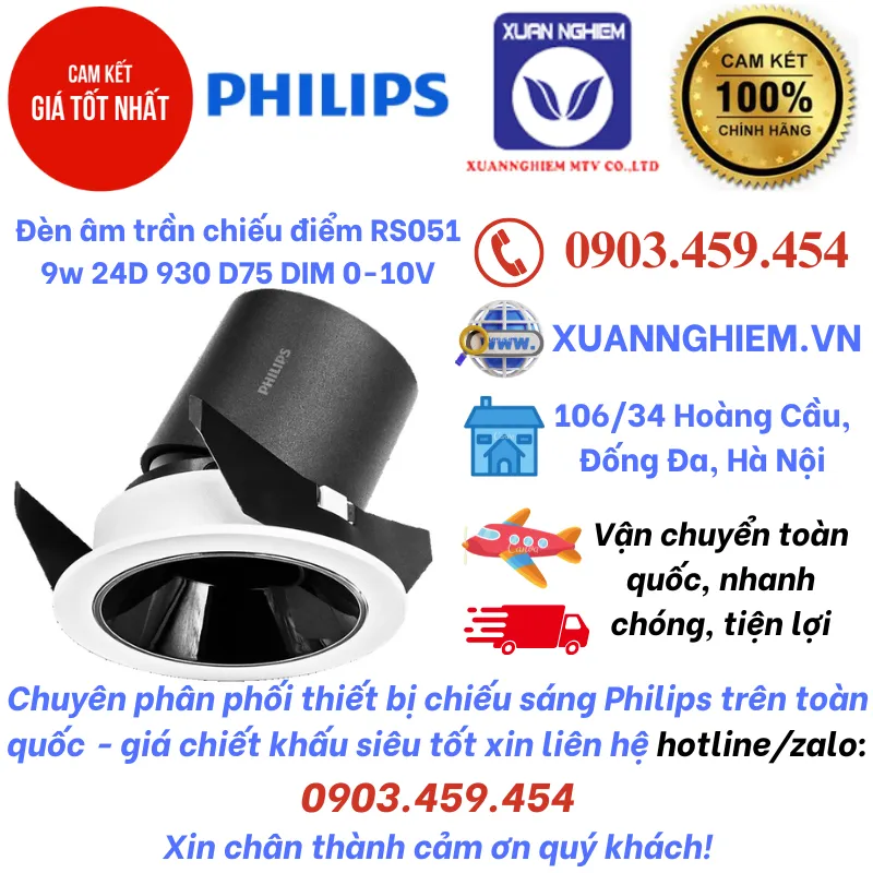 Đèn âm trần chiếu điểm RS051 9w 24D 930 D75 DIM 0-10V