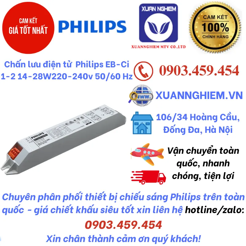 Chấn lưu điện tử cho bóng đèn huỳnh quang 14W hoặc 28W Philips EB-Ci 1-2 14-28W 220-240v 50/60 Hz