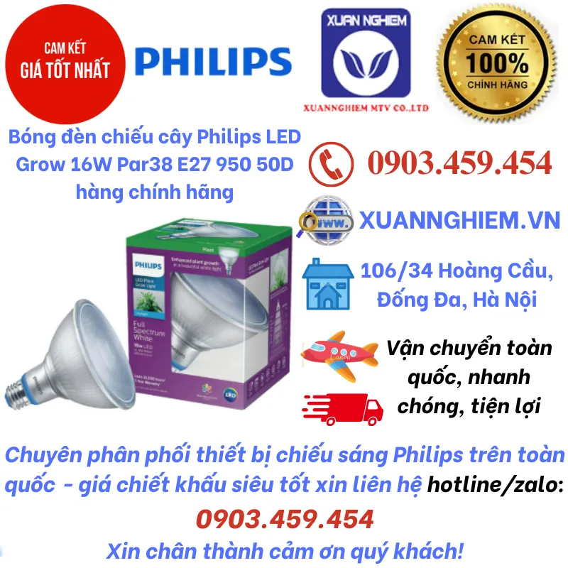 Bóng đèn chiếu cây Philips LED Grow 16W Par38 E27 950 50D hàng chính hãng