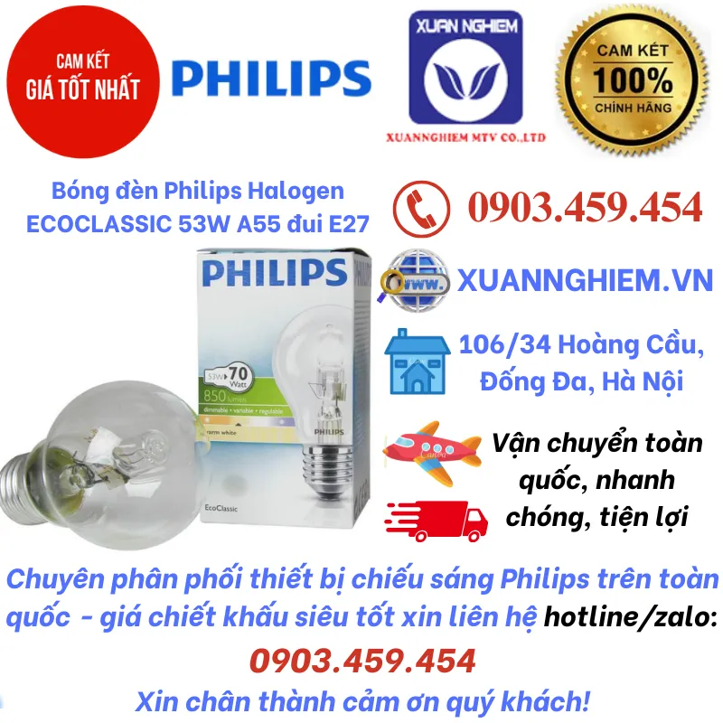 Bóng đèn Philips Halogen ECOCLASSIC 53W A55 đui E27