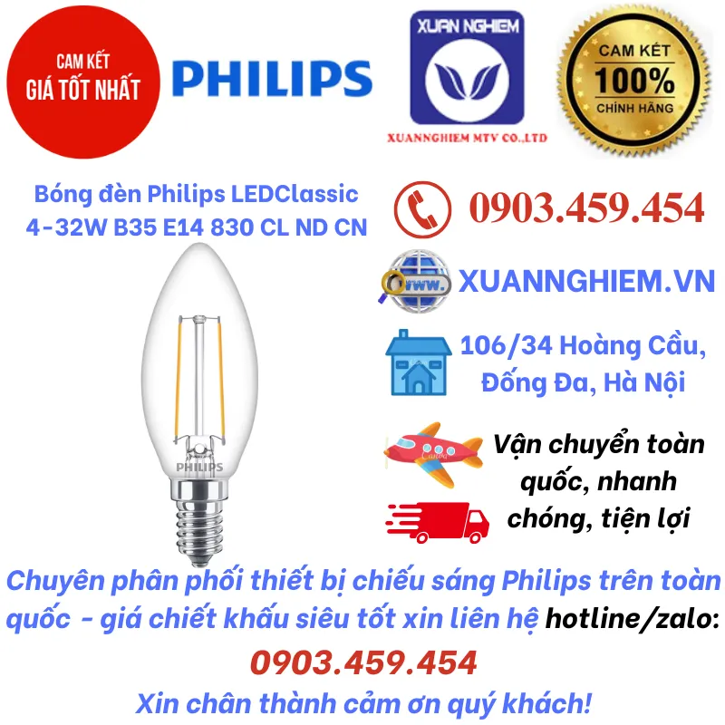 Bóng đèn Philips LEDClassic 4-32W B35 E14 830 CL ND CN