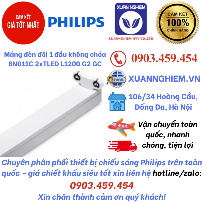 Máng đèn đôi 1 đầu không chóa Philips BN011C 2xTLED L1200 G2 GC