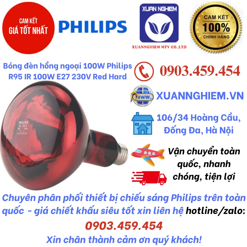 Bóng đèn hồng ngoại 100W Philips R95 IR 100W E27 230V Red Hard