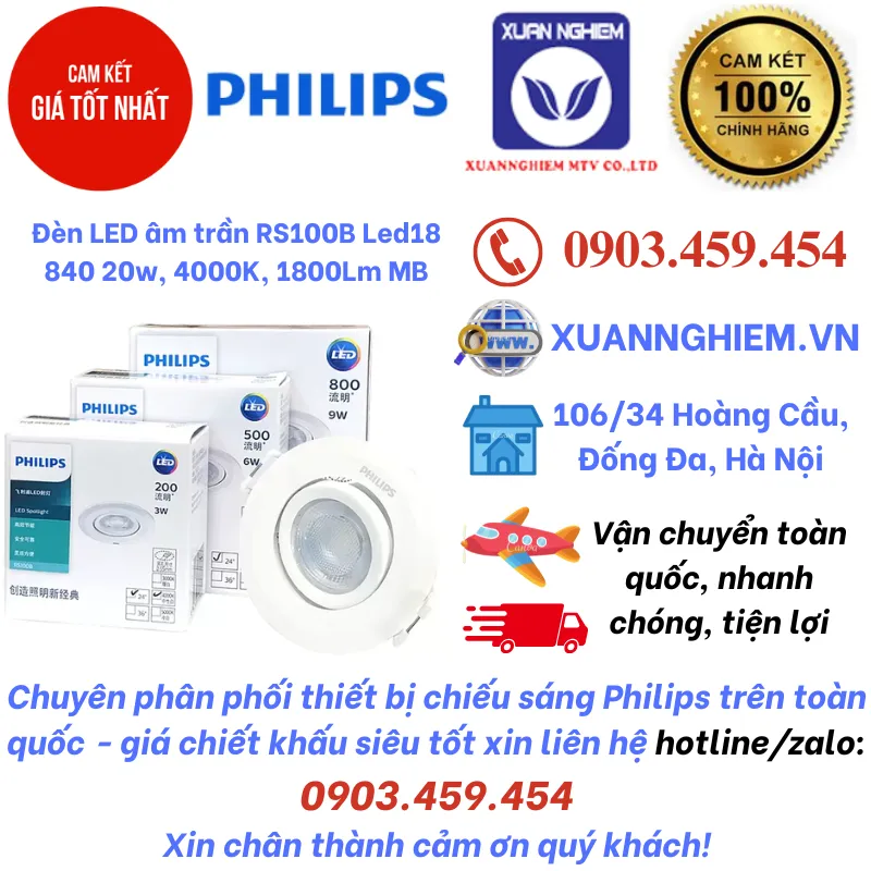 Đèn LED âm trần RS100B Led18 840 20w, 4000K, 1800Lm MB