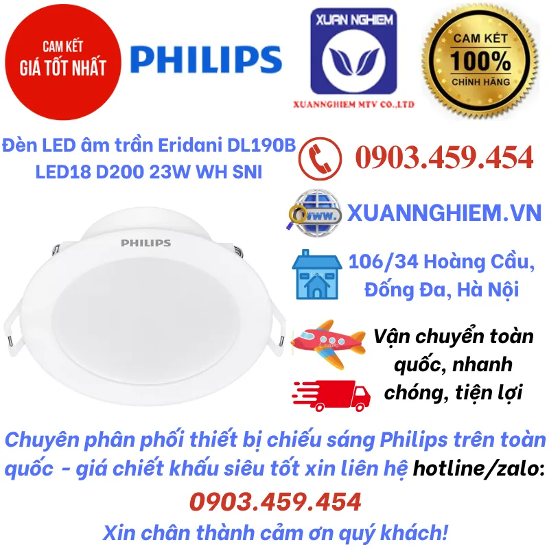 Đèn LED âm trần Eridani DL190B LED18 D200 23W WH SNI